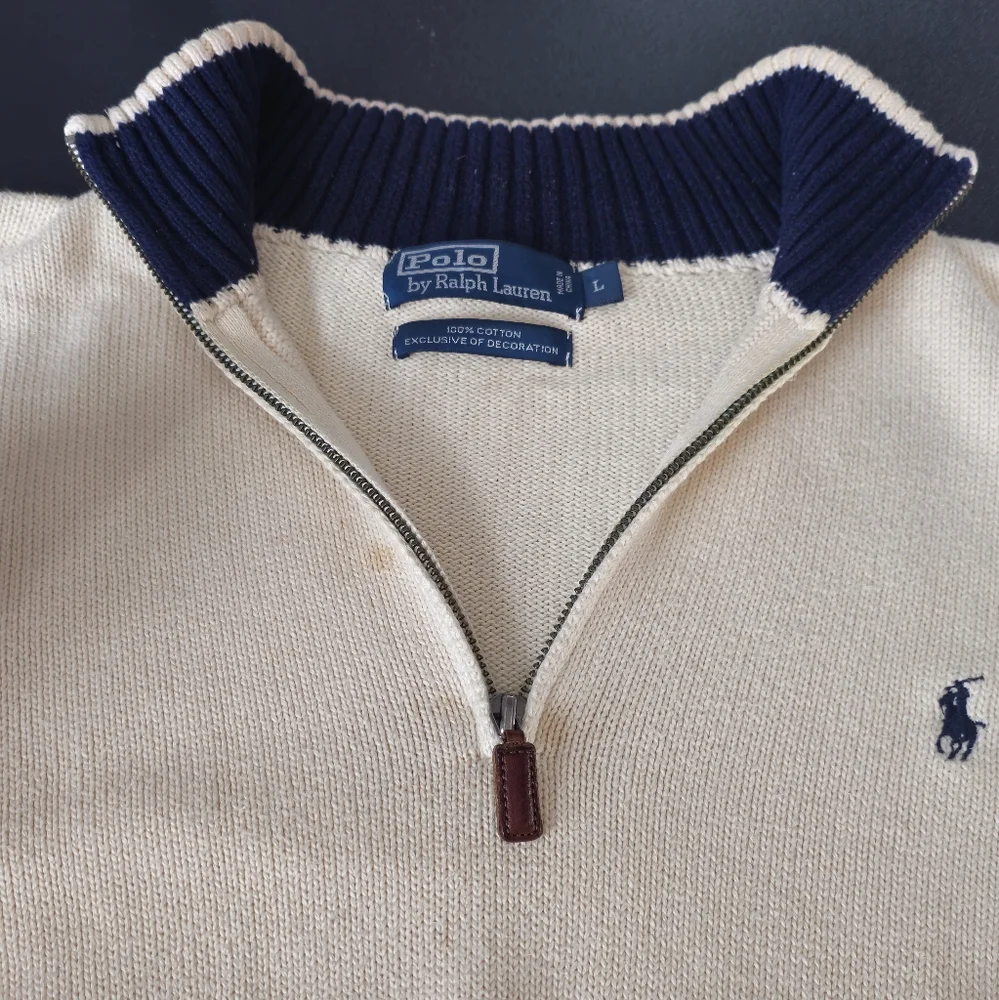 Polo Ralph Lauren Vintage Ribbed 1/4 Zip Sweater Large‎ Heavyweight Knit Flaws